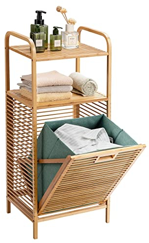 COSTWAY Bamboo Laundry Basket, Bathroom Shelf Laundry Hamper with Removable Pull-Out Bag and Storage Shelf, Floor Washing Dirty Clothes Basket Organiser Unit, 40x33x95/160cm (2-Tier Shelves)