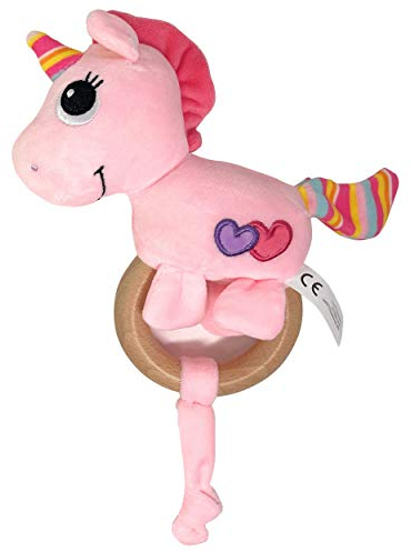 Baby Rassel Beißring aus Holz - Babyspielzeug für Jungen und Mädchen | Holzspielzeug zum greifen mit Kuscheltier | Natur Beissring mit Babyrassel Greifling in Pink oder Grün (Einhorn)