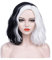 AMOBON Karneval Cruella Perücke Schwarz und Weiß, Anime Cosplay Perücken für Cruella Deville Kostüm, Damen Mittellange Lockige Haare Bob Wig für Fasching Carnival Motto Party (A)
