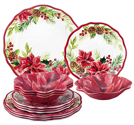 UPware 12 Piece Poinsettias Melamine Dinnerware Sets, Outdoor Dishes Set, Plates and Bowls Sets, Christmas Decorations, Service for 4, Red