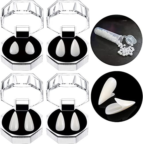 4 pares de dientes de vampiro, 4 pares de dientes de vampiro, juego de 4 tamaños personalizados, dientes de vampiro, dentaduras postizas falsas con 1 tubo de dientes de pellets, para Halloween