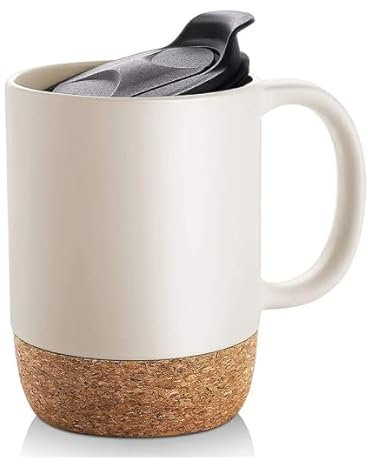 WRKFH Large Ceramic Coffee Cup Mug with lid and Cork Bottom Base Work from Home (White)