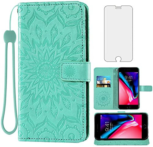 Phone Case for iPhone 7plus 8plus 7/8 Plus Wallet Cases with Tempered Glass Screen Protector Leather Flip Cover Card Holder Stand Cell Accessories i Phone7s 7s + 7+ 8s 8+ Phones8 Women Men Green