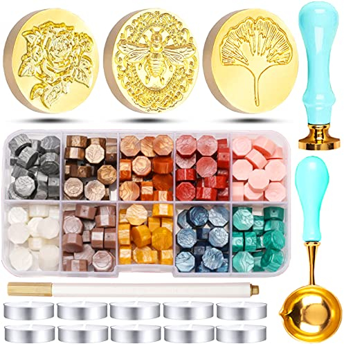 RUIJIE Siegelwachs Set, 150 Stück 10 Farben Siegelwachsperlen Siegel Set mit 3 Siegelstempel, 10 Kerzen, 1 Löffel & 1 Bastelstiften, Stempel Wachssiegel Perlen Set für Briefen/Einladungskarte/Geschenk