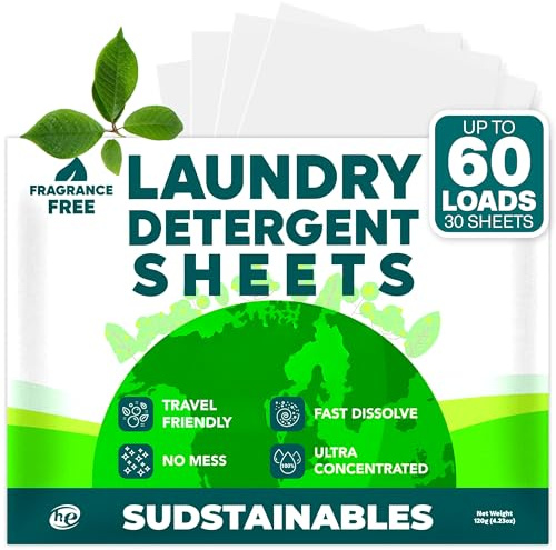 Sudstainables Waschmittelblätter (60 Waschladungen) - Zero Waste, plastikfreie Waschmaschinen Seifenblätter; lösliche, platzsparende Streifen für Reisen (geruchlos)