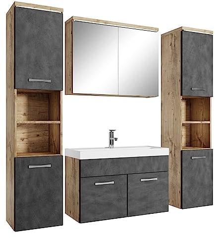 Badezimmer Badmöbel Set Paso XL LED 80cm Waschbecken Kastanien Eiche mit Dunkle Grau - Unterschrank 2X Hochschrank Waschbecken Möbel