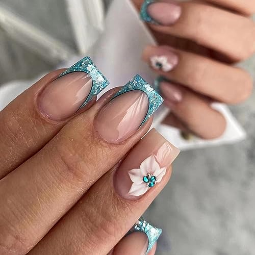 Ceboic 24 Stück Nägel Zum Aufkleben Eckig Kurz, Französische Glossy Blau Strass Press on Nails mit Klebepads, Wiederverwendbare Acryl Full Cover Kunstnägel Blumen Fake Nails für Frauen
