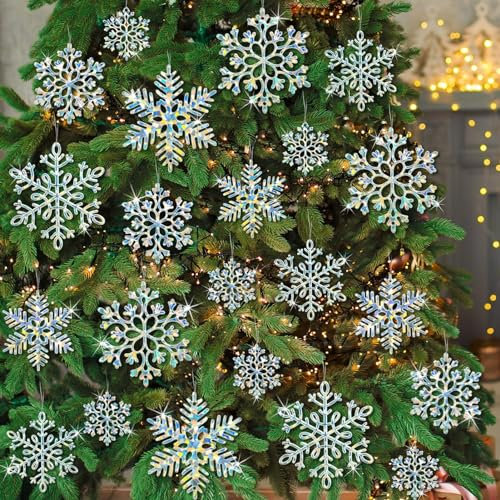 36 Pack Iridescent Plastic Snowflakes - Hanging Decorations for Winter Holiday, Christmas, Birthday Parties