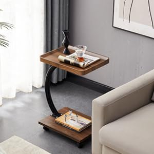 Qiyasjew Beistelltisch C Form, Couchtisch Klein, Beistelltisch Holz, Coffee Table, Kann nach unten rutschen Side Table FüR Wohnzimmer Und Schlafzimmer (Rechteck, Braun)