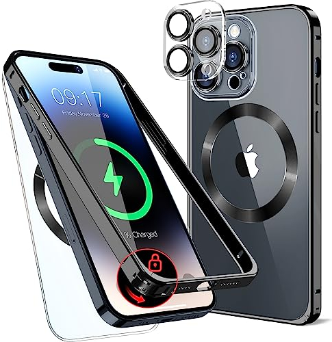 Metall Magnetische Hülle für iPhone 13 Pro Max 6.7 [Sicherheitsschloss] [Original Metallrahmen-Stoßstange] [Eingebaut Kameraschutz ] Durchsichtige Handyhülle, kratzfeste Rückseite, – Schwarz