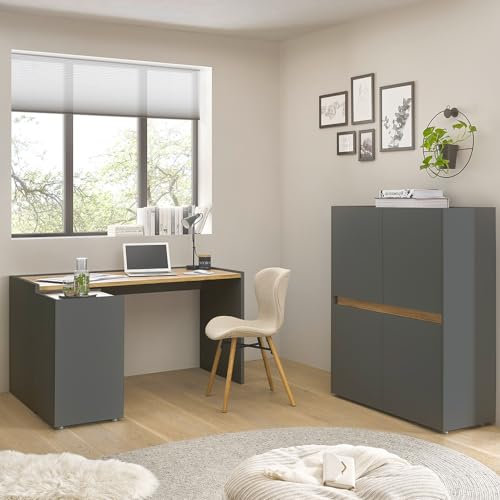 Lomadox Büromöbel Set anthrazit mit Eiche 3-teilig modern, 1 Schreibtisch, 1 Regal, 1 Highboard