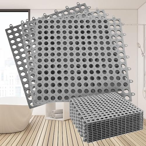 12Pack 12 x 12, Interlocking Rubber Floor Tiles Soft PVC Non-Slip Tile Splicing Shower Mat Outdoor Cushion Mat for Bathroom, Deck, Drain, Pool, Patio, Balcony, Kennel Grey