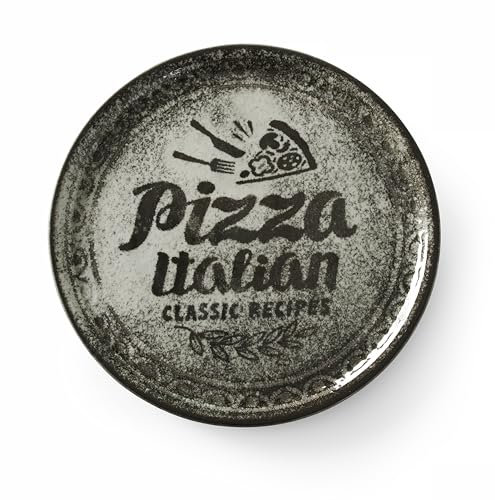 HENDI Piatto per pizza rotondo, piatto portapizza, porcellana, motivo: testo e illustrazione della pizza, adatto a microonde e lavastoviglie, ⌀310 mm, nero
