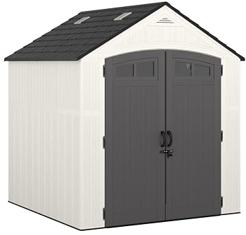 Suncast Ridgeland All-Weather Outdoor 7' x 7' Storage Shed with 327 cu. ft. Capacity, 2 Lockable Double Doors, Windows, Skylights, and Reinforced Resin Floor, Made in The USA