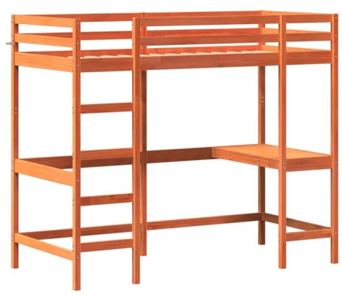 vidaXL Hochbett mit Schreibtisch, Bett für Kinder ab 6 Jahren, Stockbett mit Sperrholzlatten, Etagenbett Kinderbett, Wachsbraun 90x190cm Massivholz Kiefer