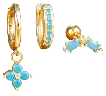 Small Gold Huggie Hoop Earrings Set for Women Turquoise earrings 14K Gold Plated Cartilage Multiple Piercing Jewelry Hypoallergenic Sleeper Lightweight Earrings (A-Gold Turquoise Hoop Earrings)