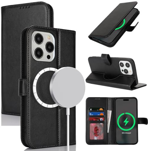 Zouzt Case for iPhone 15 Pro Max (6.7), [Compatible with MagSafe] Magnetic PU Leather Wallet Case with Card Holders and Kickstand, Wireless Charging Flip Folio Phone Cover - Black