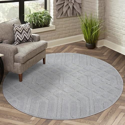 carpet city Teppich Kurzflor Wohnzimmer - Grau - 200 cm Rund - Ornament, Marokkanisch - 3D-Effekt - Moderne Teppiche Flachflor Schlafzimmer, Esszimmer
