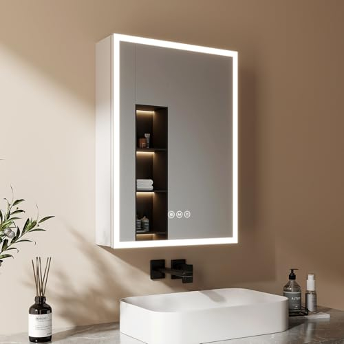 EMKE Spiegelschrank Bad mit Beleuchtung 50 x 70 cm, 3 Lichtfarben, Dimmbar, Beschlagfrei, Glasablage, Steckdose, IP44, Silber Spiegelschränke