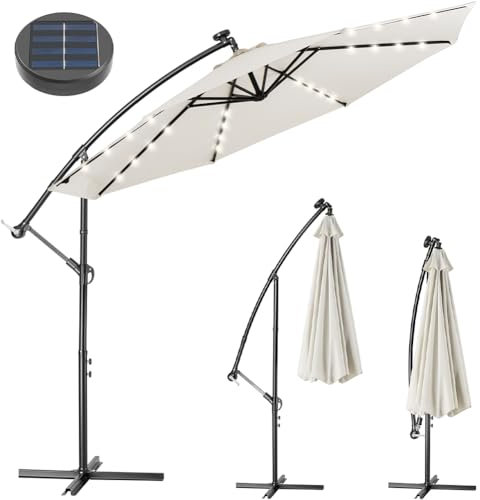 BAKAJI Ombrellone da Giardino Terrazzo con Luce 32 LED e Pannello Solare Dimensioni 3x3 Mt Richiudibile Palo Laterale Decentrato Acciaio Base Croce in Tessuto Anti UV (Beige)
