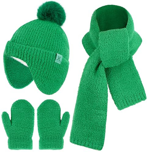 Bequemer Laden Bebe Enfants Hiver Bonnet Pompon Gants Mitaine Écharpe Ensemble avec Cache-Oreilles Chaud Cadeau pour 0 6 12 18 Mois 1 2 3 4 Ans Fille Garçon