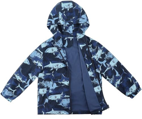 LACOFIA Veste Imperméable Enfant Garçon avec Doublure Polaire Veste Chaud Coupe Vent à Capuche Blouson de Pluie Automne/Hiver pour Enfant Requin Bleu Marine 5-6 ans