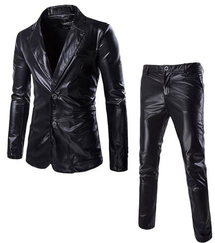 LinRim Tuta da uomo, 2 pezzi, lucida, Night Club, Metallic Blazer, 2 bottoni, smoking party, giacche e pantaloni da discoteca, Nero , XXL