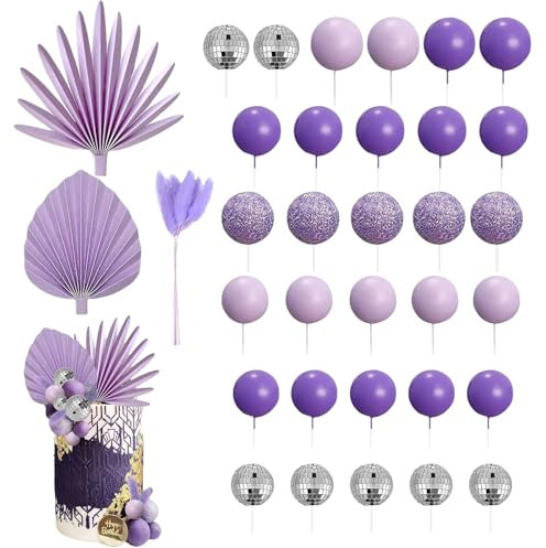 Valicaer Purple Cake Decoration,38Pcs Purple Disco Ball Cake Topper Silver Palm Leaves Cake Decoration Ball Cake Topper Decor Birthday Cake Decoration for 70s 80s Disco Dance Wedding Party Supplies