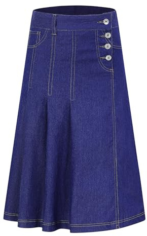 LIONJIE Girls Casual Denim Skirt Midi Pleated Buttons A-Line Over-Knee with Pocket 3-12Years (US, Age, 9 Years, 10 Years, Blue 02)