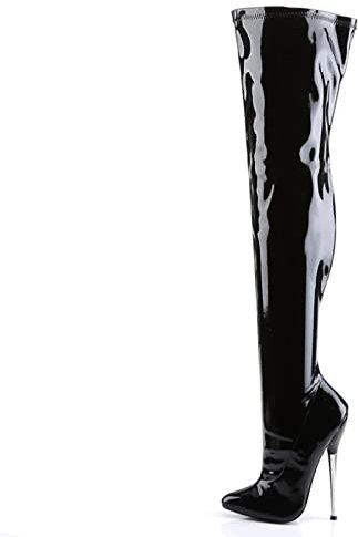 Stivali Moda da Donna 18CM Scarpe con Tacco Alto in Metallo Tacco Largo a Punta Tacco fine SM Stivali da Ballo in Pelle Verniciata Queen Pole allungati sopra Il Ginocchio