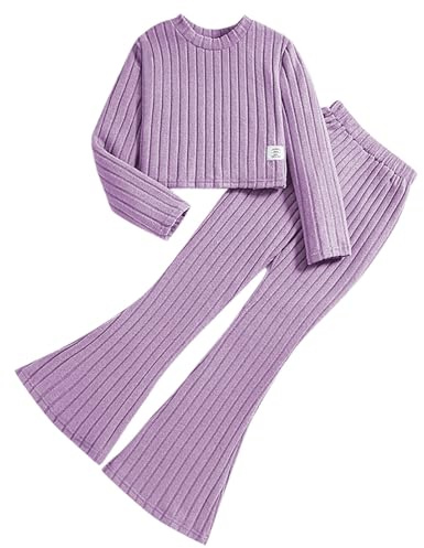 Generisch Abbigliamento Ragazzo Vestito 2 Pezzi per Bambina Maglia Manica Lunga Senza Pancia, Felpa, Camicie A Coste Pantaloni Da Jogging T Shirt Ragazza, Lilla, 9-10 Anni