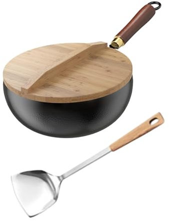 JISADER Wok Antiadherente, Olla de Cocina, manija Largo con Gancho Colgante de gallos de Cocina Wok Pan de Hierro para el Restaurante Camping Hotel Home, 24cm