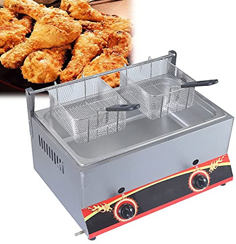 CZAOERXB Freidora a Gas Industrial, freidora a Gas, Acero Inoxidable, freidora Doble, Gran Capacidad 22L, con cestas extraíbles, Potencia de Fuego Regulable, fácil de Limpiar