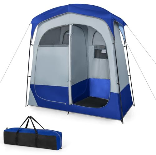 COSTWAY Double-Room Camping Shower Tent, Privacy Toilet Tents with Removable Rain Fly, Pocket, Clothesline, Top Hook, Carry Bag & Mesh Window, Outdoor Changing Room Beach Sunshade Shelter (Blue)