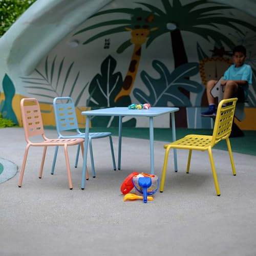 casa.pro Kindersitzgruppe Etroubles Kindertisch mit 2 Stühlen und 1 Sitzbank Kindertisch Kinderstuhl Sitzgruppe Outdoor Indoor Gartenmöbel Kinder Kindermöbel Kindersitzgarnitur Stahl Mehrfarbig