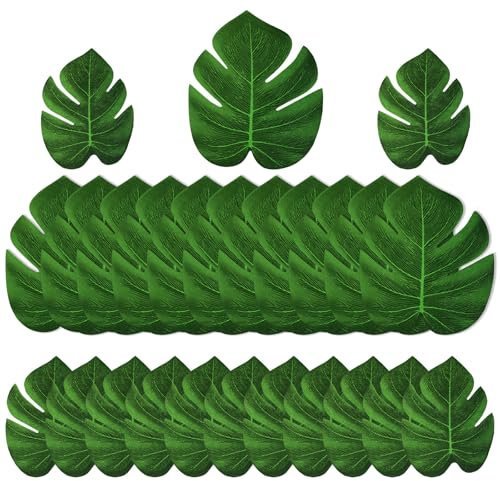 13 Artificial Tropical Palm Leaves, 24 Pieces Large Faux Palm Fronds, Green Monstera Leaves, Fake Leaf Plant Decor for Jungle Safari Beach Hawaiian Luau Theme Birthday Party Table Wall Decorations