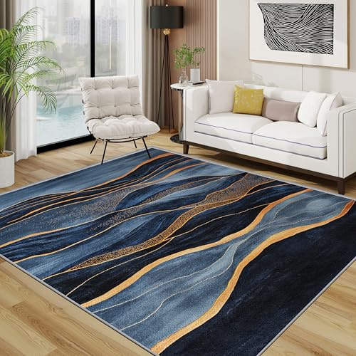 TerroVee Abstrakt Teppich Schlafzimmer, Modern Luxus Wellen Teppich 120x170 cm, Blau Gold Minimalistisch Waschbar Kurzflor Antirutsch Teppiche Für Wohnzimmer Schlafzimmer, Blau Gold