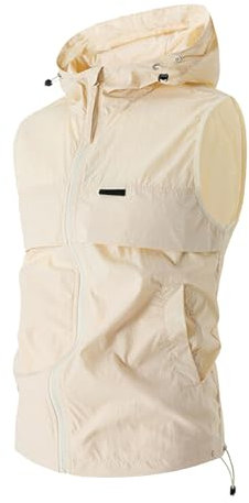 Gilet da uomo giubbotti impermeabili estivi passeggiate sulla spiaggia giubbotti di protezione solare senza maniche con cappuccio da uomo abbigliamento per la protezione solare, beige, L