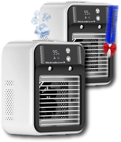 2026 Mobile Klimaanlage 3.0 Pro, Mini USB Air Cooler with 500 ml Water Tank - Portable Air Cooler with 2 Speeds & 2 Mist Levels - Digital Display - Quiet for Home, Office (2-A)