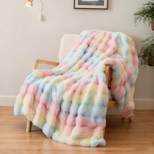 Bubble Kuscheldecke,Flauschige Doppelseitige Decke aus Flanell & Kaninchenfellimitat, Super Soft Sofa- & Wohndecke, 1000 g/m²Dick & Warm für Bett, Couch, Wohnzimmer & Büro (Regenbogen, 100x160CM)