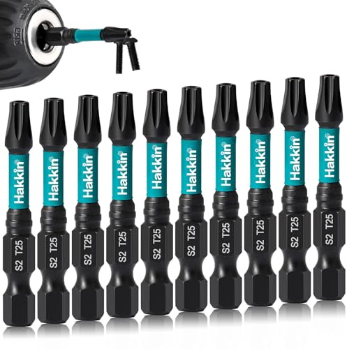 Hakkin 50mm T25 Torx Bit Set Lang 10 Stück Torx mit Loch Set 1/4 Bitsatz Lang Magnetischer Schraubendreher Set S2 Stahl Bitsatz für Akkuschrauber TX25 mit Box