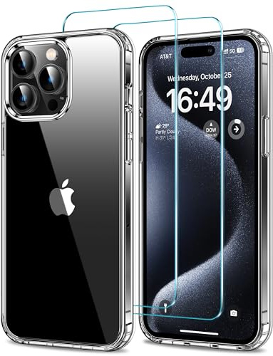 HOOMIL 3 in 1 Hülle für iPhone 15 Pro Max, mit 2 Stück Schutzfolie, Militärischer Stoßschutz, Nie Vergilbung Transparent Case - Durchsichtig