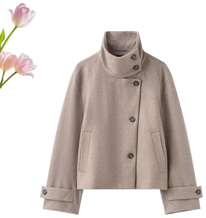 Kirposh Women’s Short Coat with High Funnel Neck, Asymmetrical Button Closure, Warm Winter Cropped Double-breasted Jacket(M)