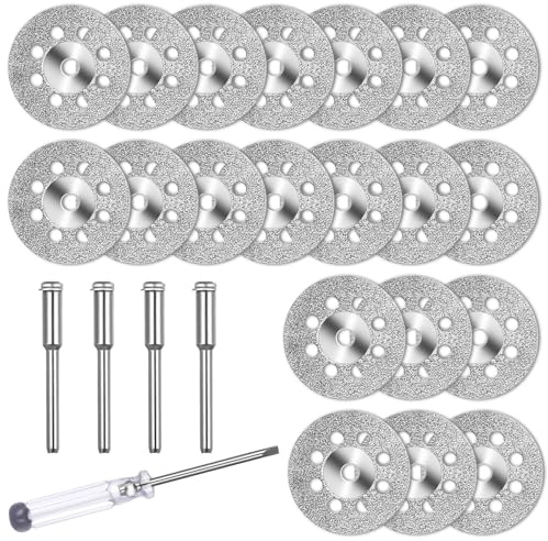 IYEREER 25 Pcs 22mm Diamond Cutting Wheels for Rotary Tools | Comes with 4 mandrel shafts and 1 screwdriver, used for cutting gemstones, glass and tiles