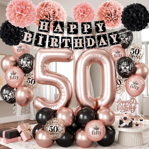 50th Birthday Decorations for Her, Rose Gold Black Confetti Latex Balloons Number 50 Foil Balloon Happy 50th Birthday Banner Cake Topper Paper Pom Poms for Women 50 Year Old Bday Party Decoration