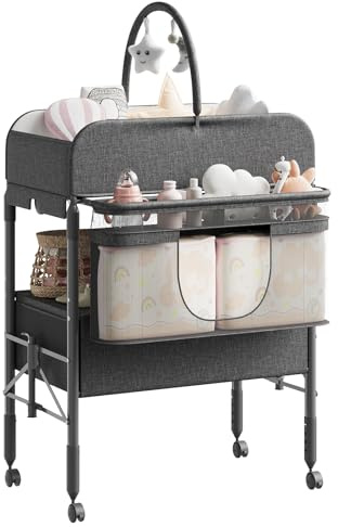 Höhenverstellbarer Wickeltisch Klappbar, Mobiler Wickeltisch Mit Rädern & 2 Schubladen, Wasserdichte Wickelauflage, Praktische Wickelkommode Mit Stauraum