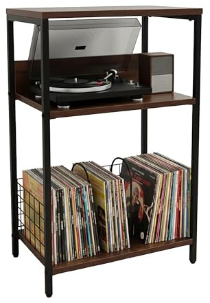 Relaxdays Mobile Porta Giradischi, 3 Ripiani, divisori, 65x40x30 cm, Metallo, MDF, portadischi