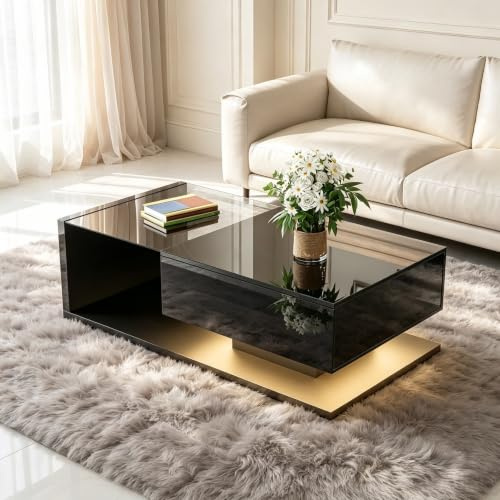 Calivra Mesa de centro con iluminación LED, 105 x 55 cm, color negro brillante, moderna mesa de salón con placa de cristal, compartimento de almacenamiento y luz LED RGB, elegante mesa auxiliar para