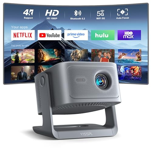 [36000 lumen e app con licenza ufficiale] Proiettore smart home theater 4K, VISSPL 3D, Dolby audio e messa a fuoco automatica, proiettore per esterni, videoproiettore WiFi Bluetooth con supporto