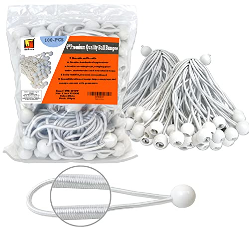 6 inch 100 Piece Heavy Duty 5mm Ball Bungee Canopy Cord by Wellmax, White Color